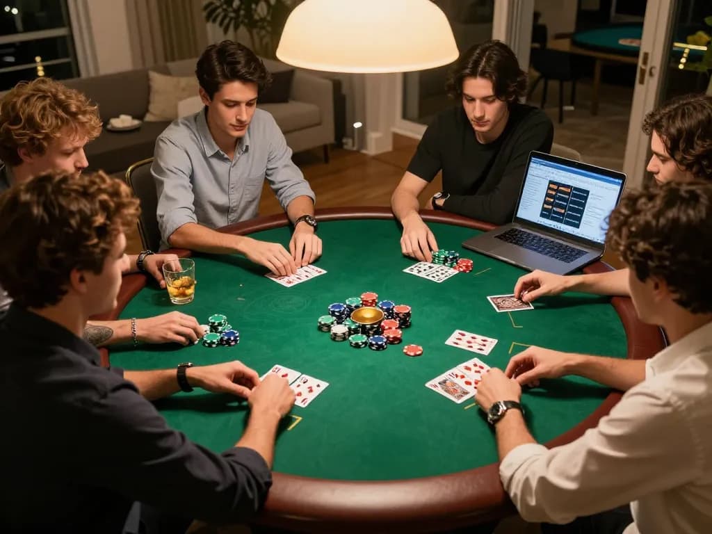 Friends enjoying a lively poker night, strategizing with dinamit4d gameplay insights and vibrant chips on the table.