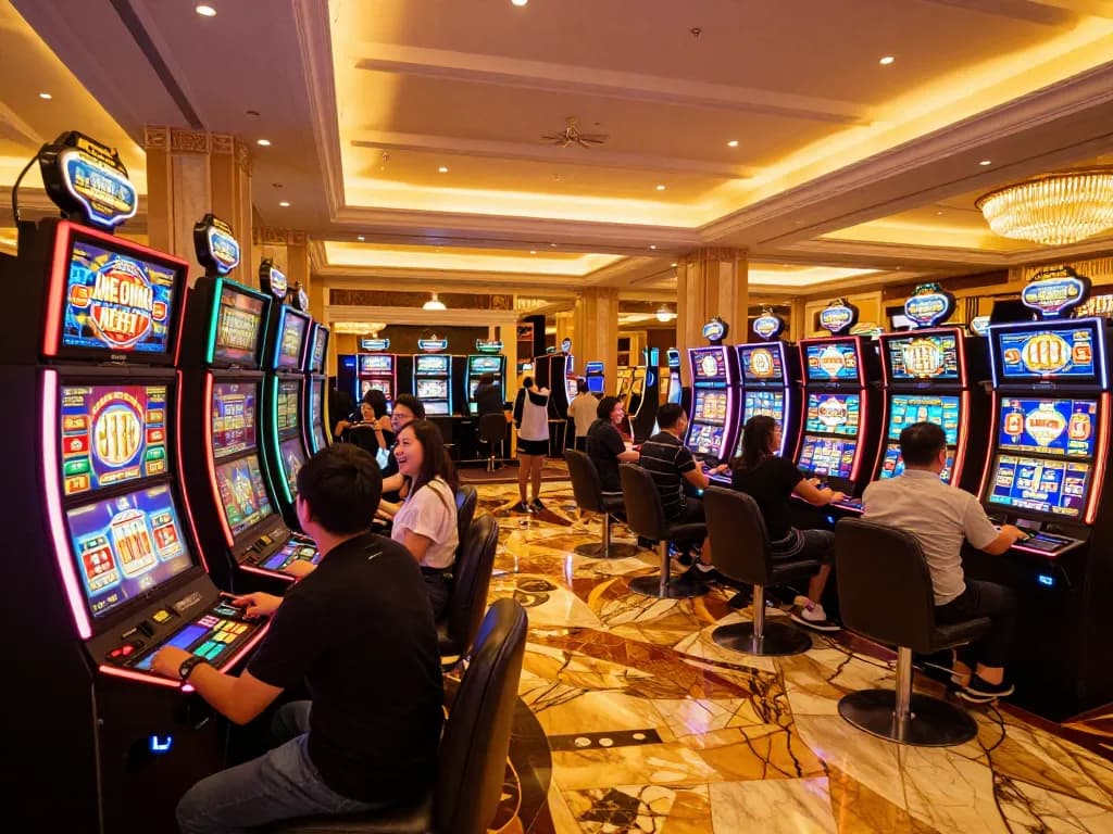 Experience the excitement of online gaming at aa88i with vibrant slot machines and celebrating players.