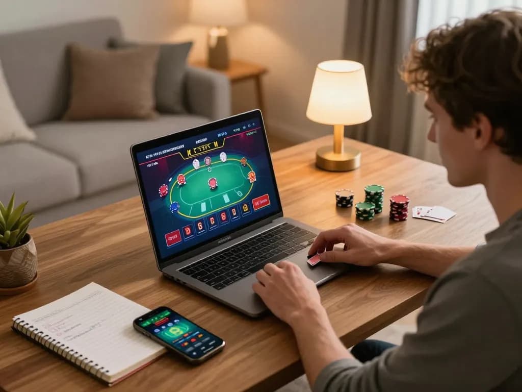 Luck8 player actively strategizing at home while enjoying an online poker game.