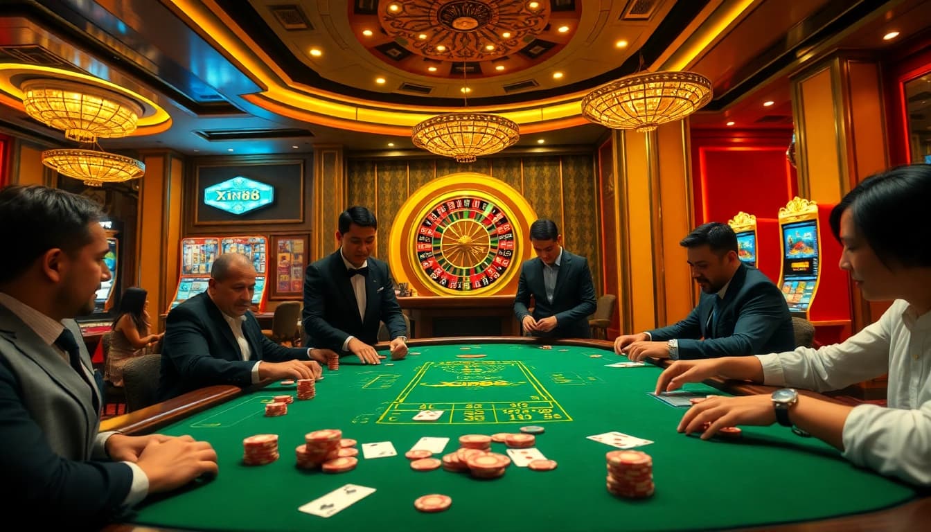 Xin88 players strategically betting at a luxurious poker table in an upscale casino.