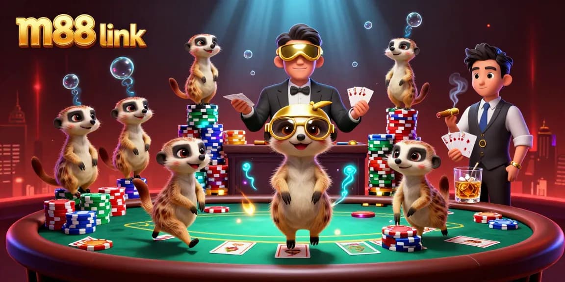Exciting m88 link showcases animated meerkats managing a vibrant casino, epitomizing online gambling fun.