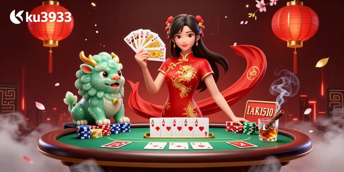 Engage in thrilling poker games at ku3933 with a vivid scene of cards, chips, and a 3D guardian.