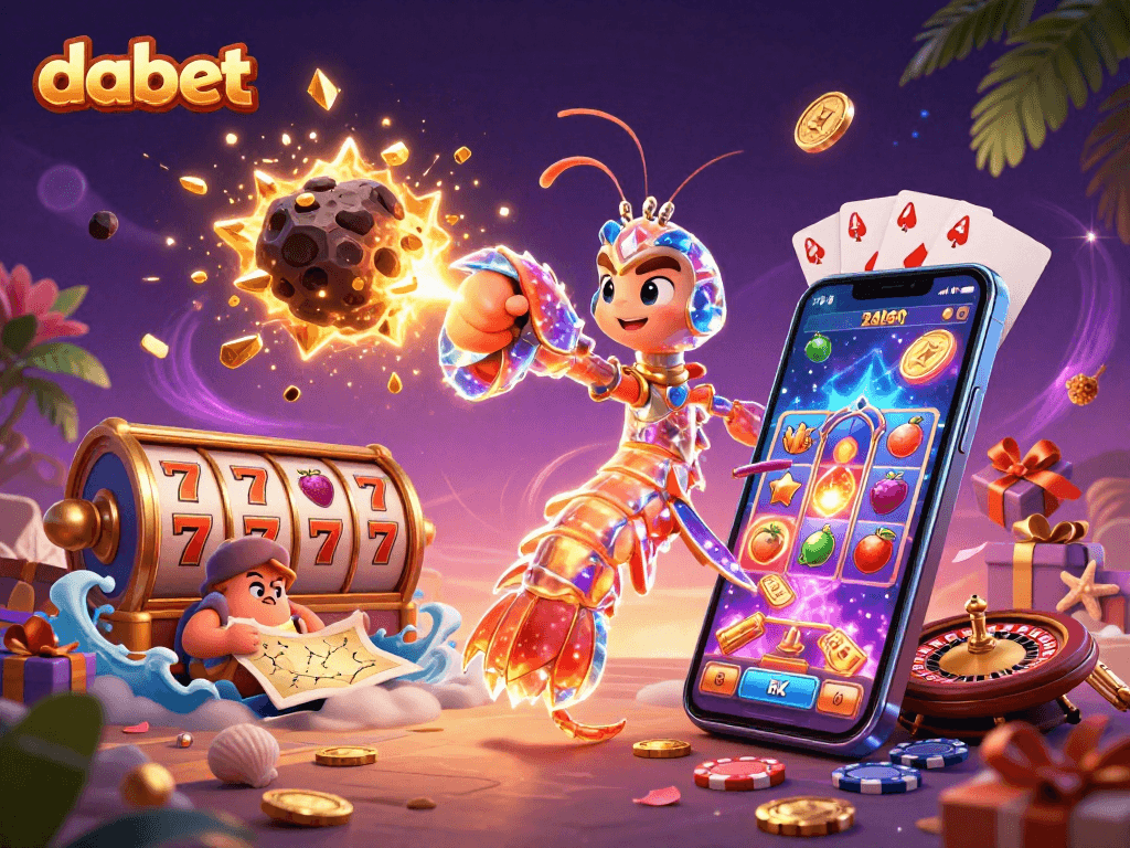 Dabet-themed illustration showcasing a galactic mantis shrimp bursting through an asteroid with coins and vibrant slot game elements.