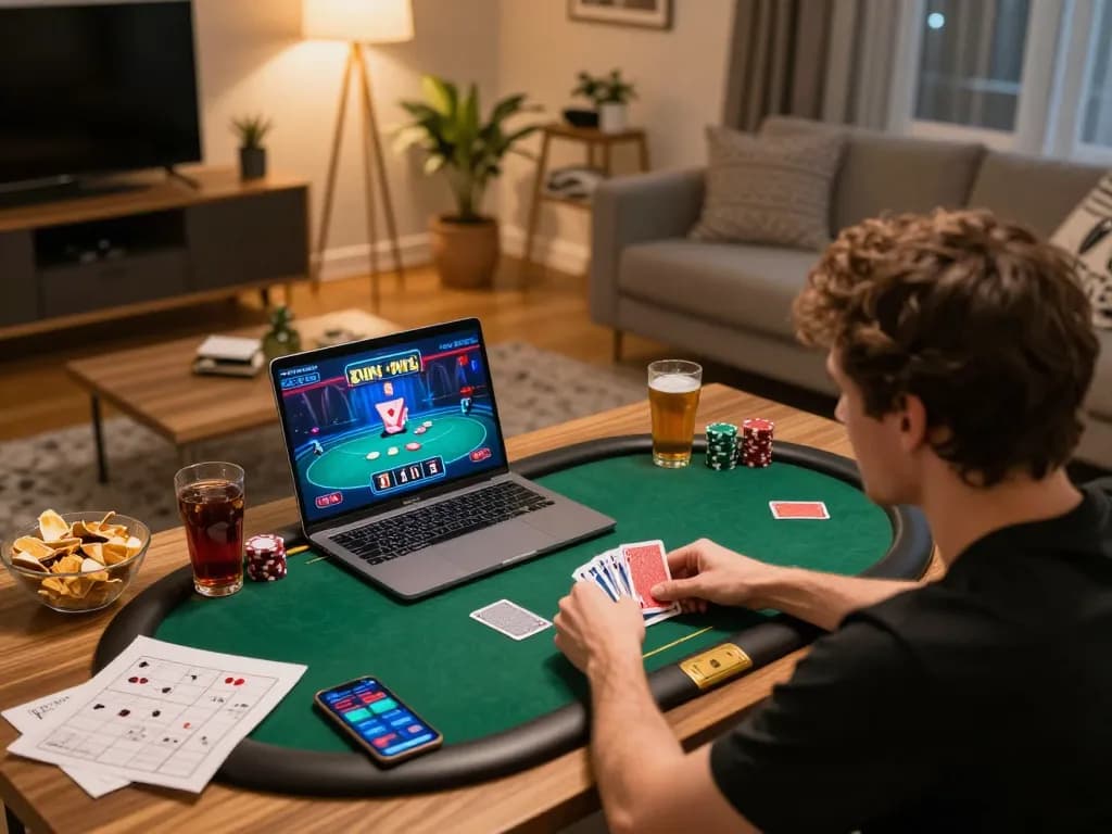 LV88 player engaging in online poker game while managing bankroll strategy at home