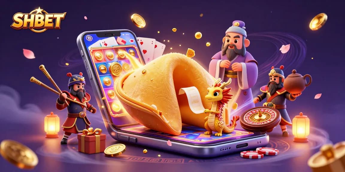 Win exciting rewards at SHBET with vibrant casino-themed illustration featuring game elements and fortune characters.