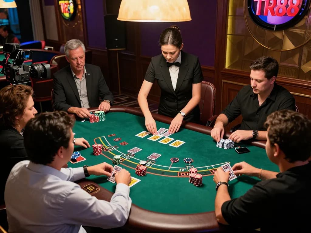 Players at TR88 enjoying a live dealer blackjack game, showcasing an engaging gambling atmosphere.