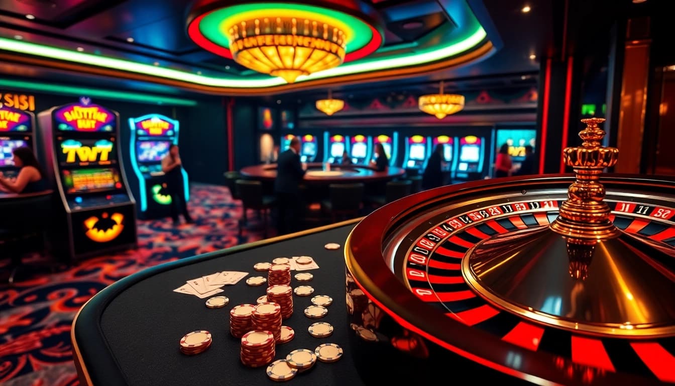 Experience thrilling gameplay at a vibrant casino scene featuring exciting link 8xx games with poker and slot machines.