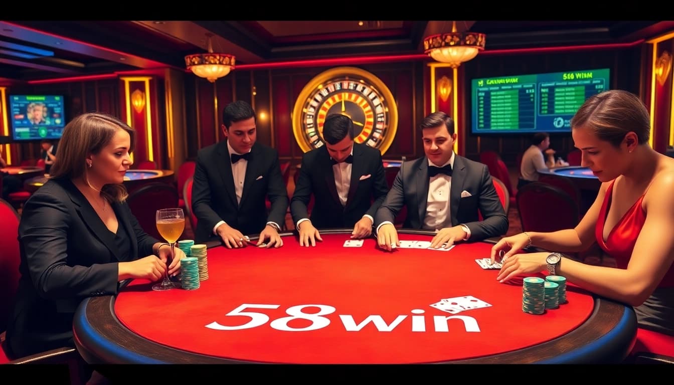 Exciting scene of gamblers at a poker table enjoying 58win with vibrant chips and cards.