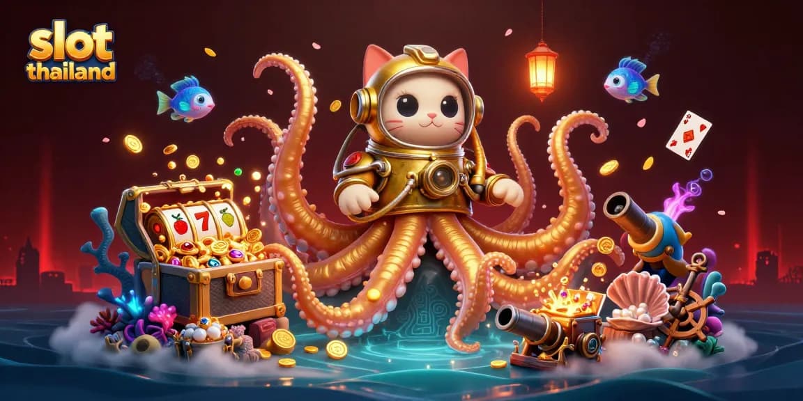 Spin slots in a vibrant underwater scene showcasing slot thailand's treasure-filled gaming excitement.