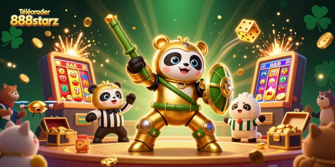 Télécharger 888starz pour parier en ligne avec un panda en robot dans une scène de casino animée