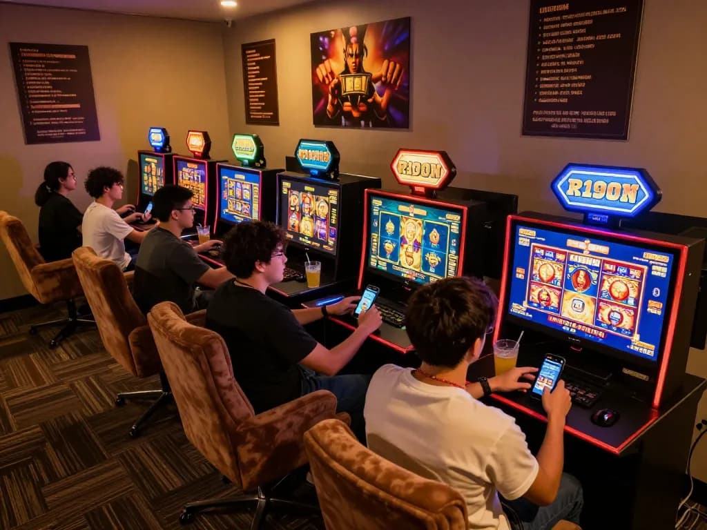 Engaged players enjoying kdslot77 online slots in a vibrant, cozy gaming room while strategizing.