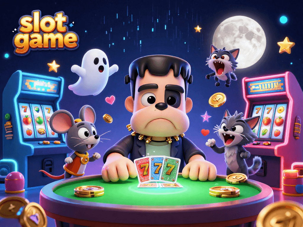 Vibrant slot game scene featuring a Frankenstein bulldog dealer, candy-colored machines, and dynamic game elements.