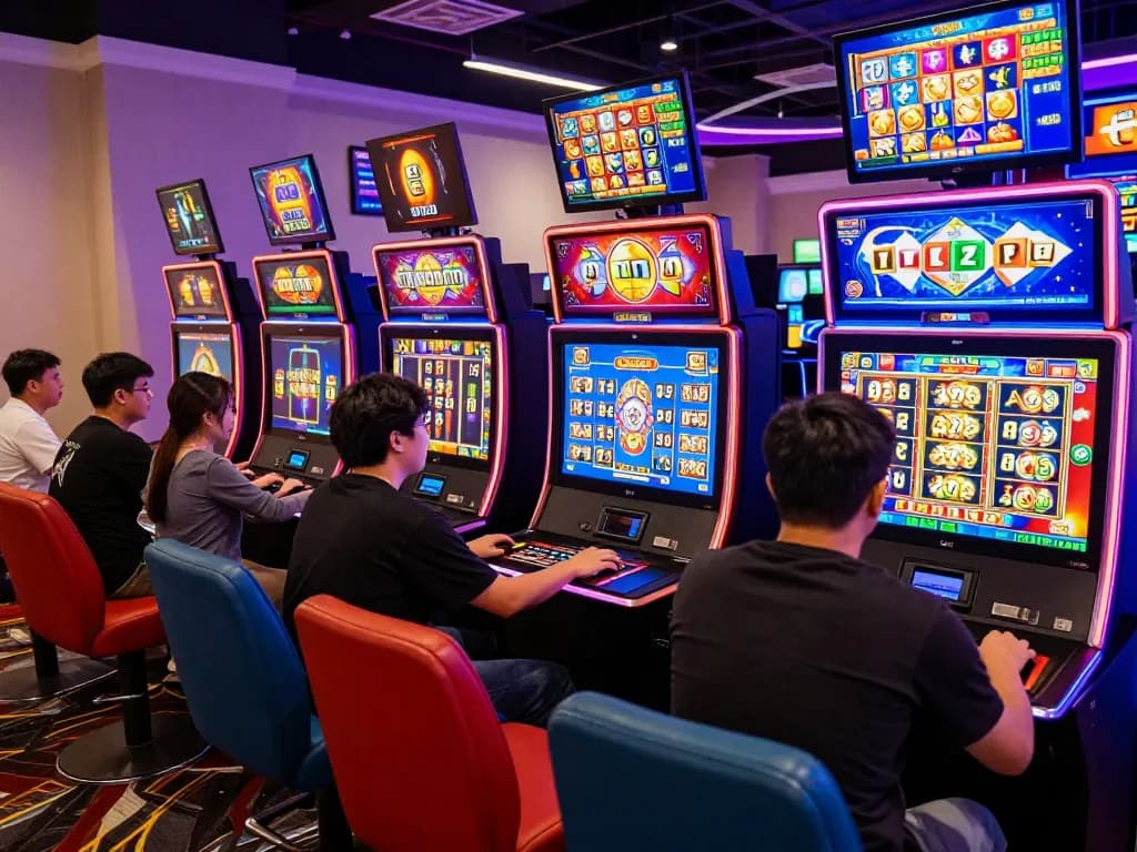 Lingkungan permainan yang menarik menampilkan pemain menikmati permainan situs slot online dengan visual yang cerah dan suasana yang menyenangkan.