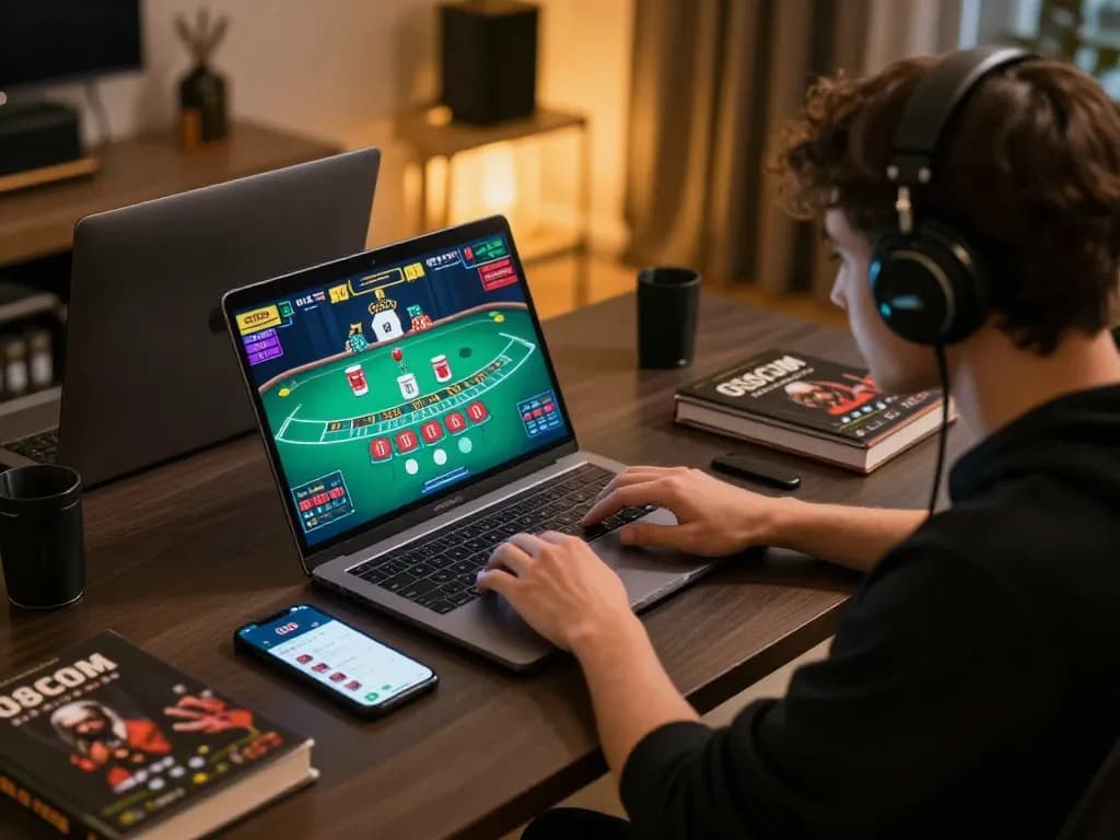 Player engaging with O8 COM live blackjack game on laptop, highlighting excitement of online gambling.
