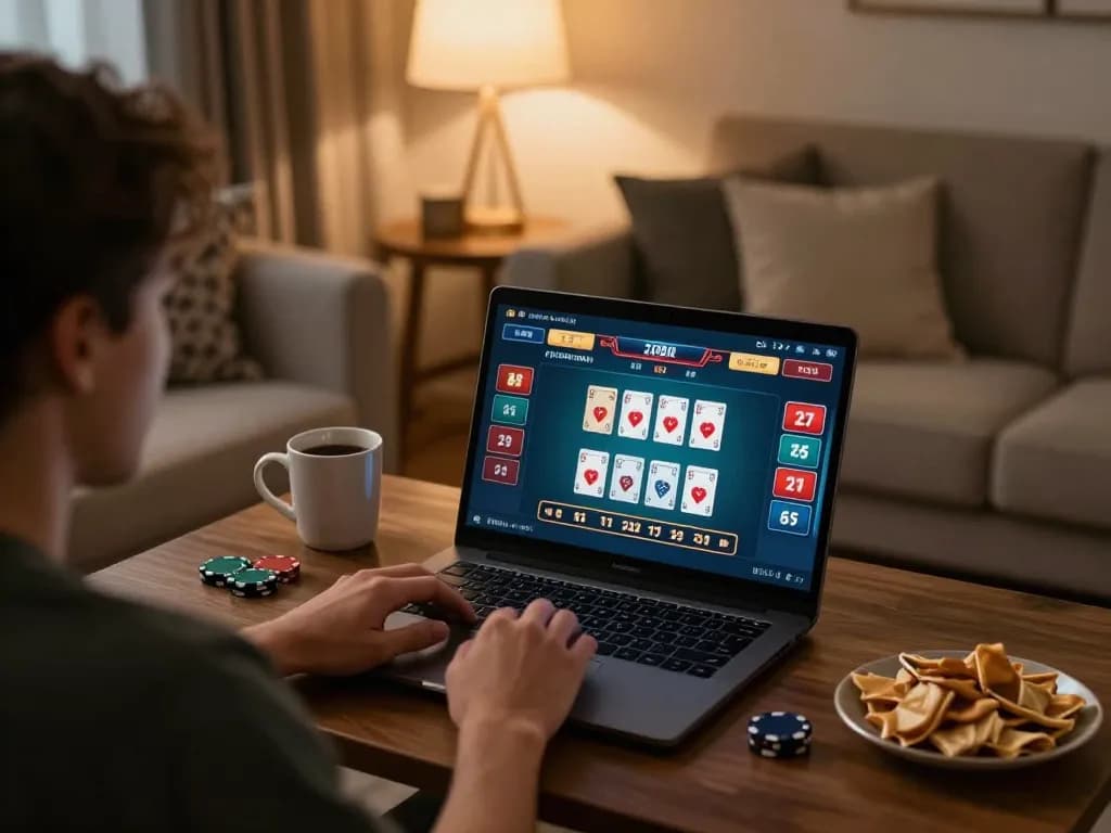 Engaged player using laptop for kk vin baccarat game with snacks and warm lighting.
