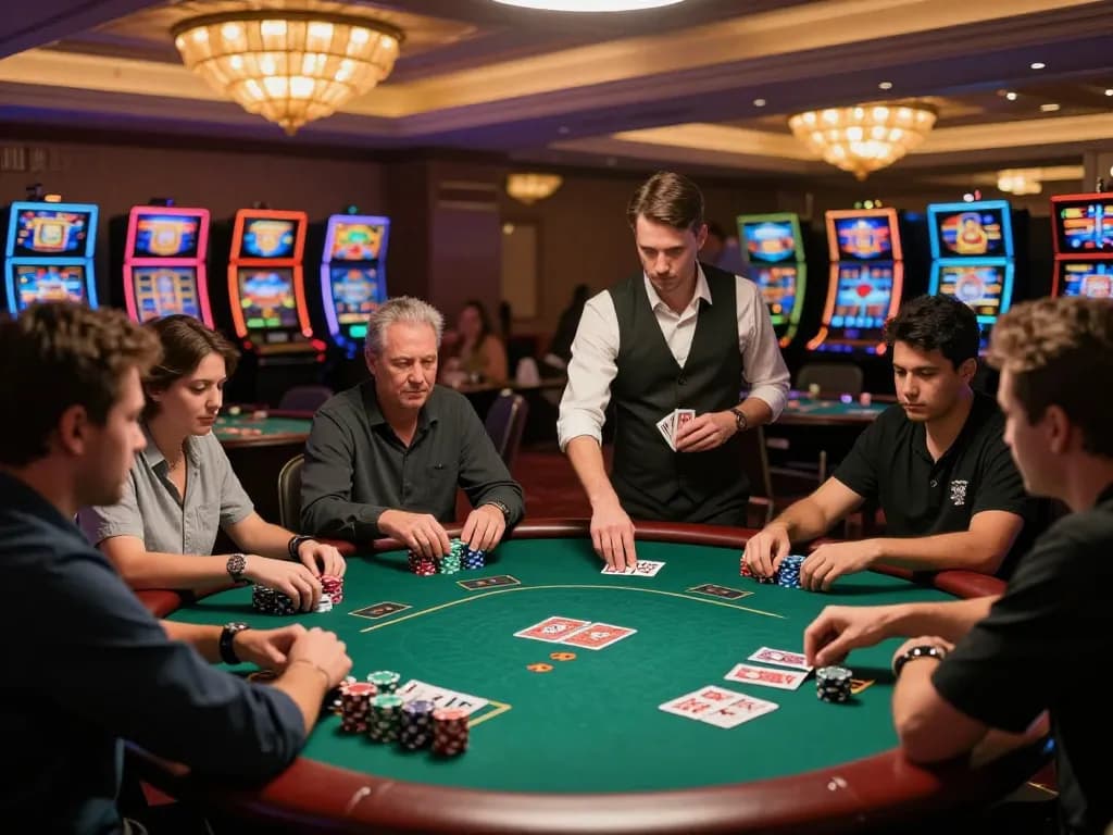 Players in a B52 poker tournament strategizing their moves at a luxury casino table.