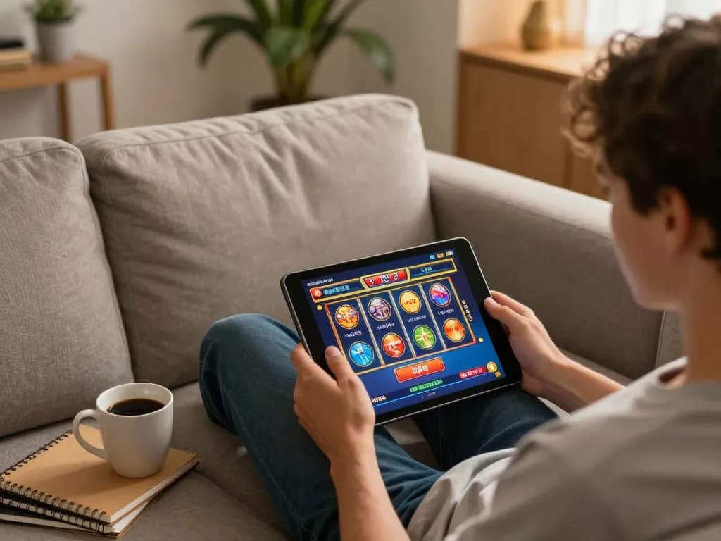Pemain menikmati kegembiraan permainan kasino online dengan tamilmp3plus di tablet mereka, memamerkan pengaturan rumah yang hidup.