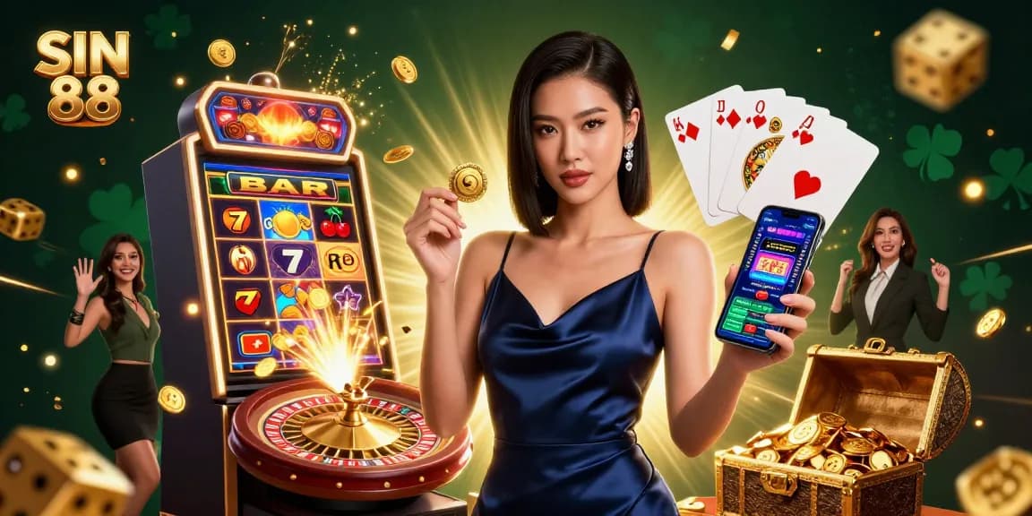 SIN 88 showcases a confident woman amidst an explosion of casino excitement with golden coins and games.