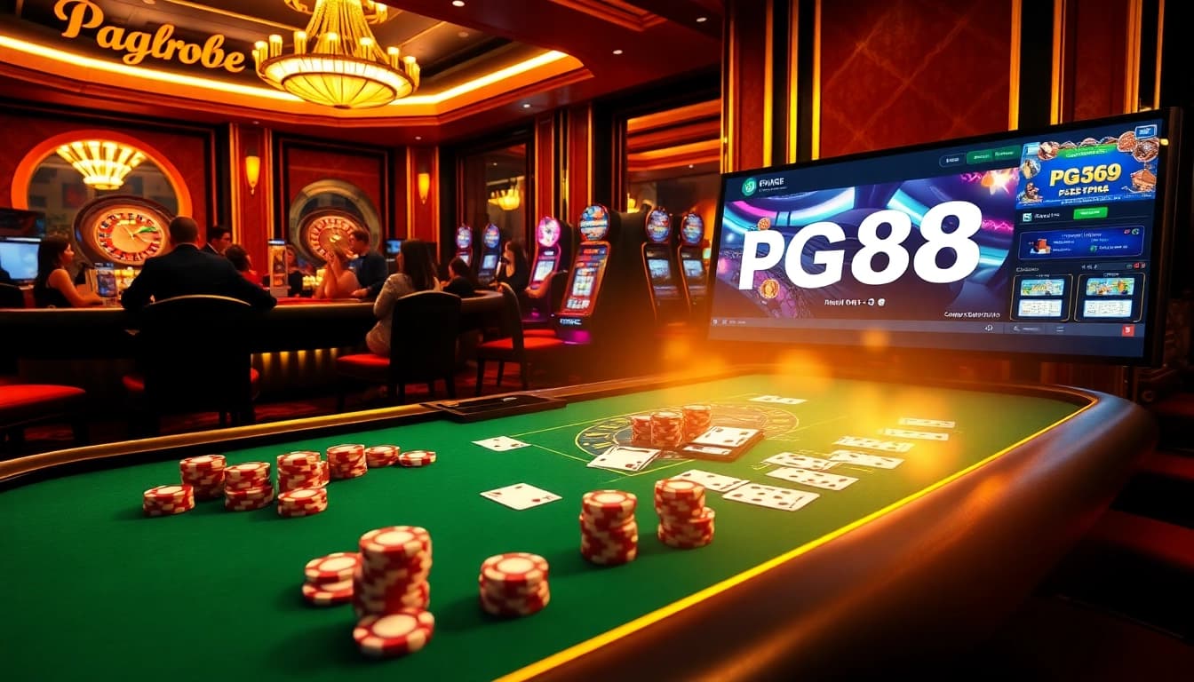 Experience the excitement of pg88 with poker chips and vibrant casino games in a luxurious setting.