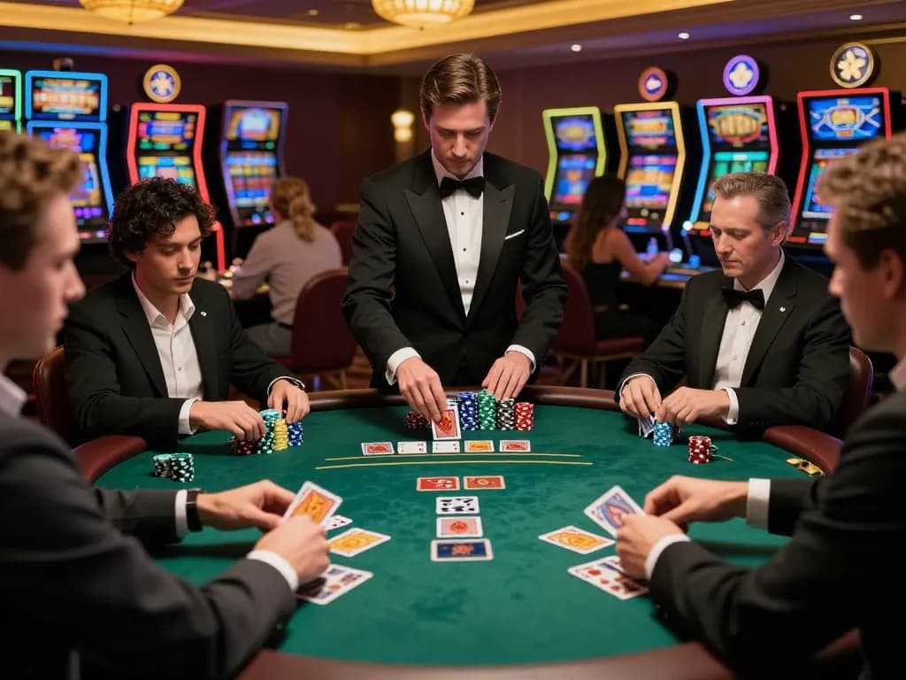 Players engaging in a strategic blackjack game at a vibrant casino, experiencing the excitement of f8beta2.