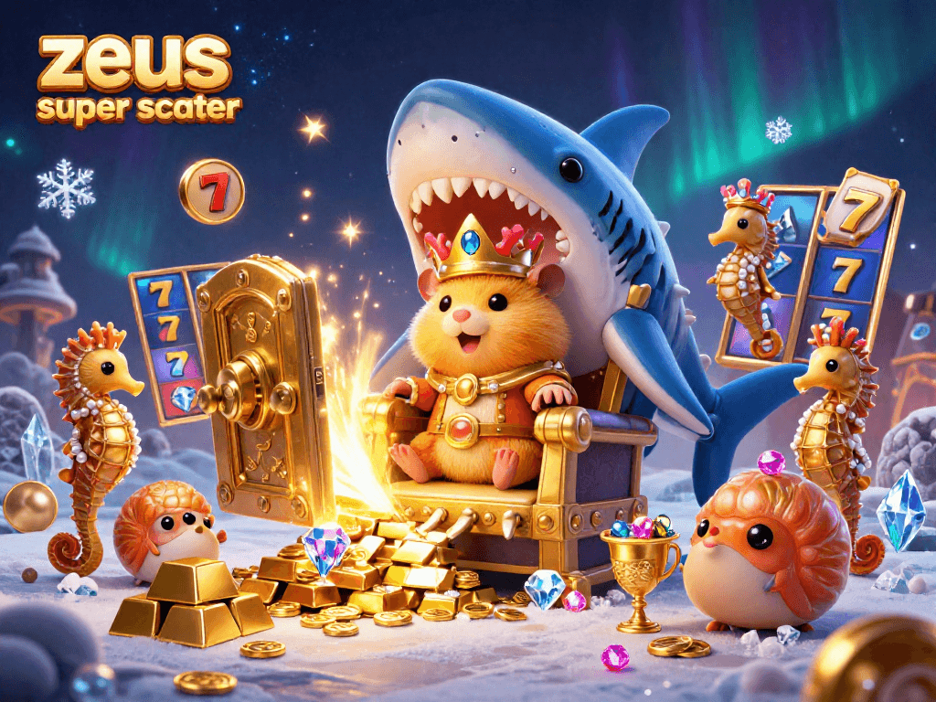 Experience the excitement of zeus super scatter with the golden hamster king in a lavish casino scene.