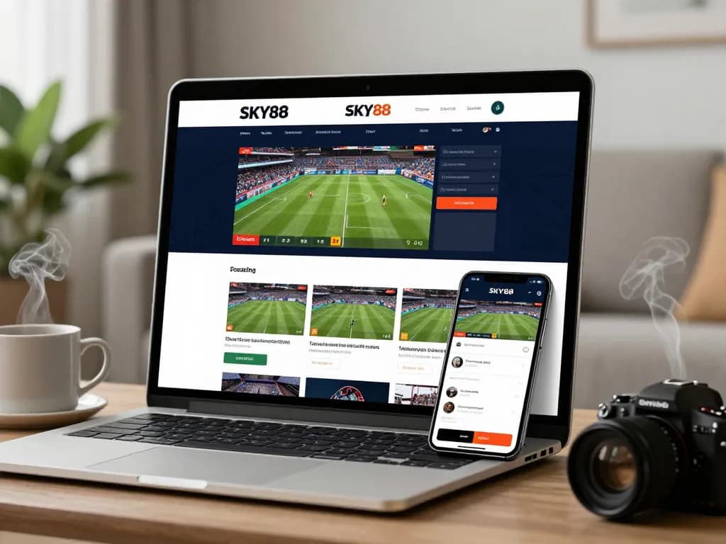 Engaging online betting scene showcasing SKY88 platform interface on a computer and smartphone.