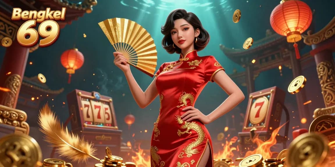 Engage with Bengkel 69's thrilling slot reels, featuring an elegant woman amidst gold coins and lanterns