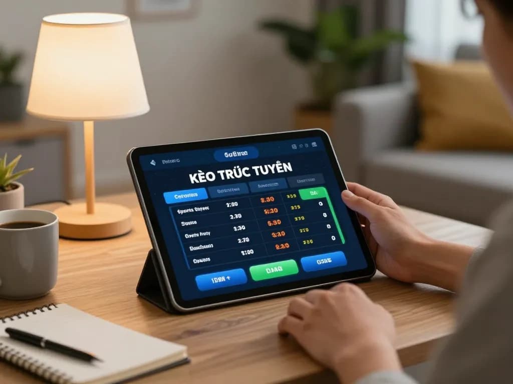 KÈO TRỰC TUYẾN interface displayed on tablet as gambler enjoys sports betting in a cozy home setting