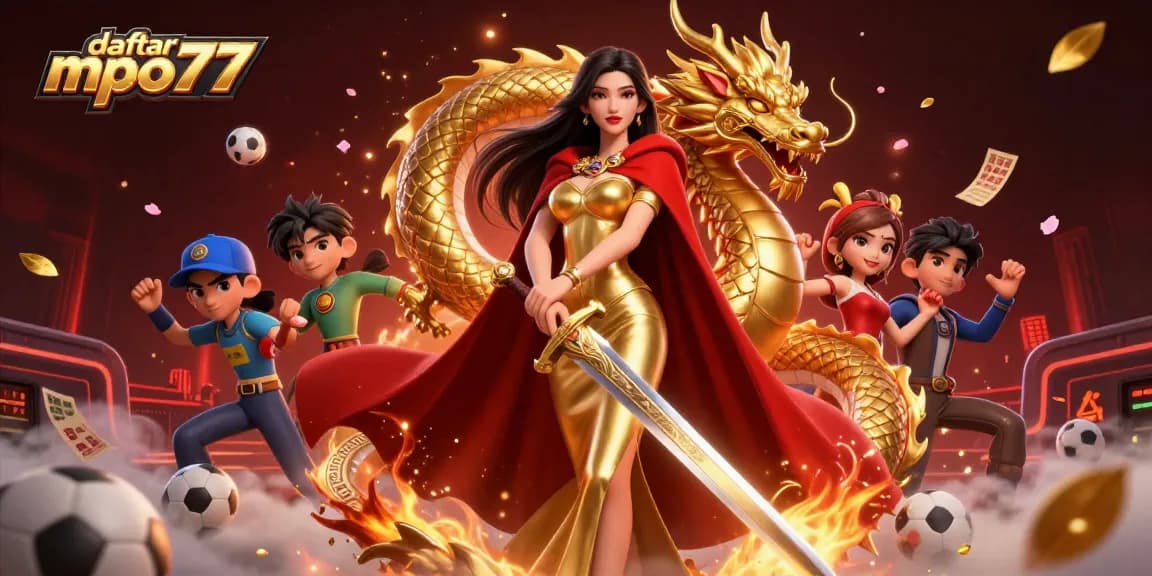 Engage with daftar mpo777 for thrilling sports betting experiences alongside a warrior queen in a vibrant illustration.