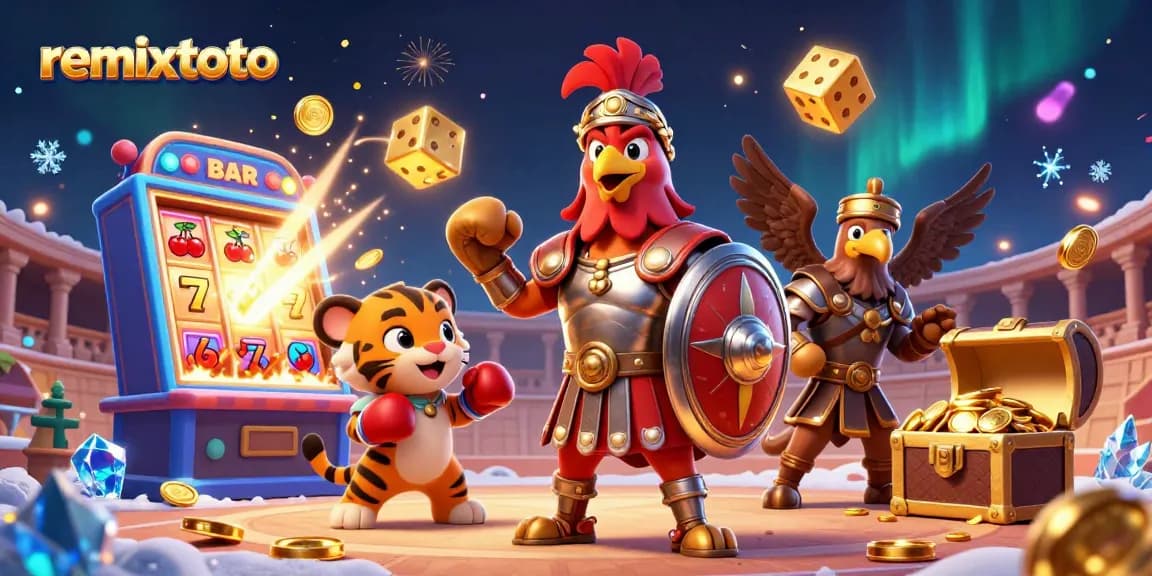Experience the excitement of remixtoto with a dynamic illustration showcasing thrilling gaming elements and characters.