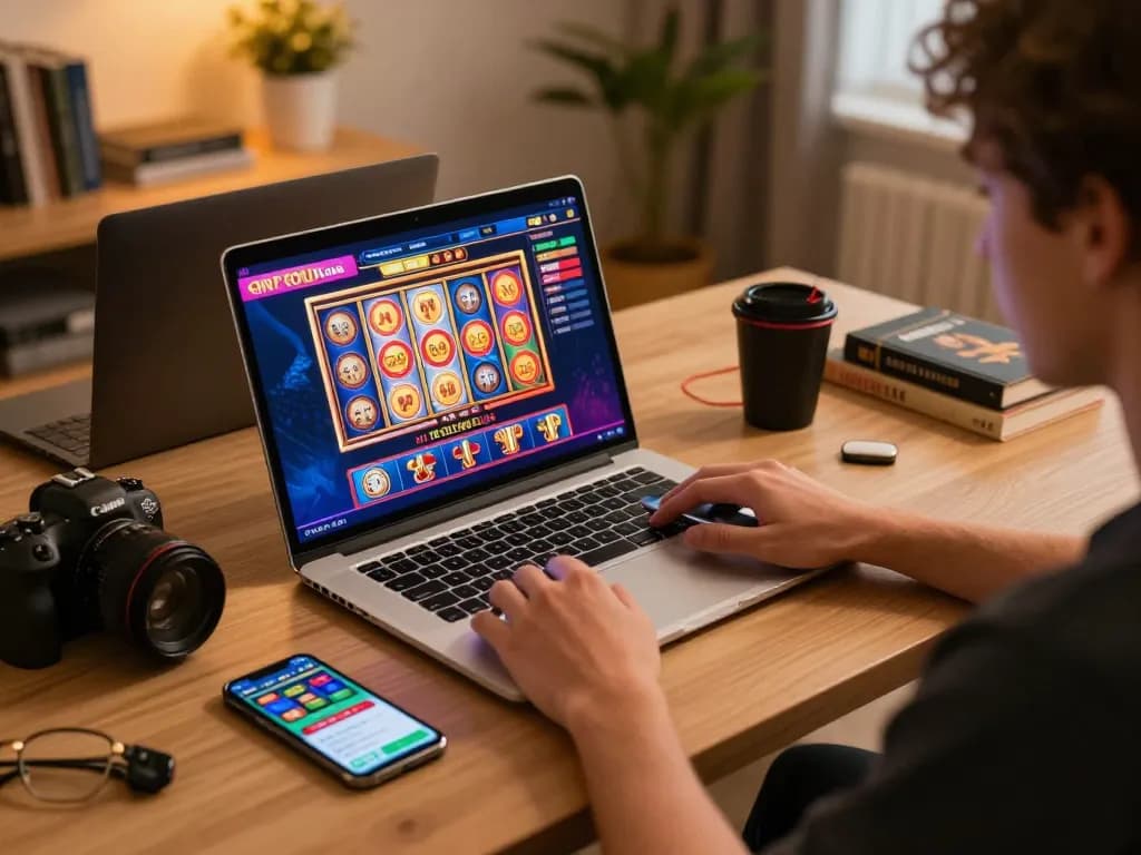 Engaged user playing at nhà cái ww88 through an online gambling setup with a laptop and smartphone.