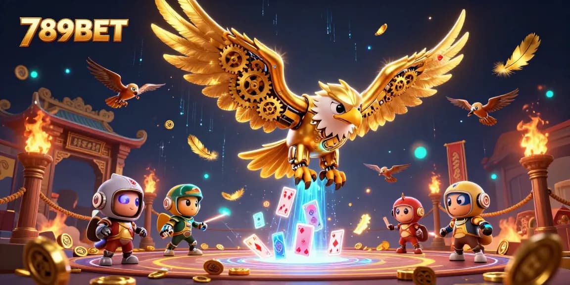 Experience excitement at 789BET with a dynamic scene of a golden eagle diving through holographic cards.