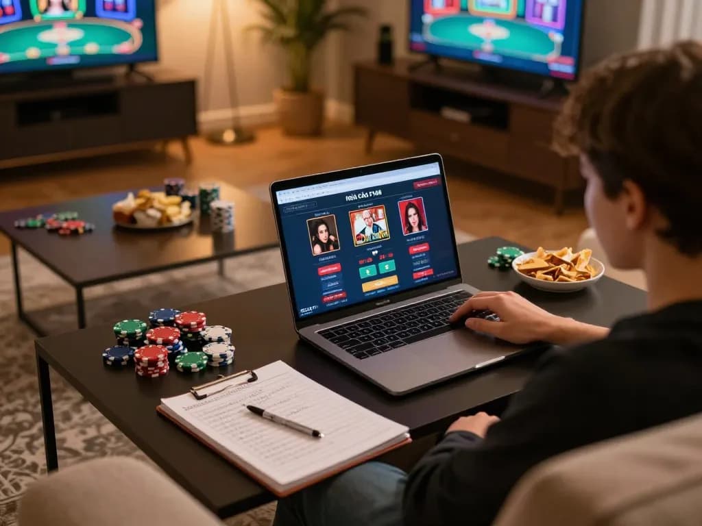 Engaged player enjoying NHÀ CÁI F168's online casino interface from home, emphasizing responsible gaming.