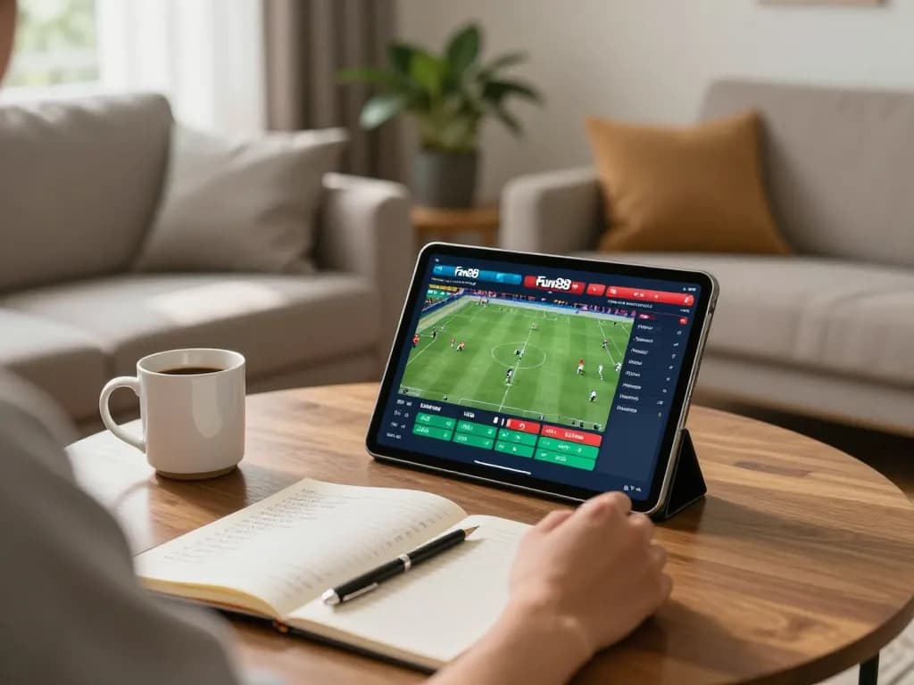 Person placing bets on Fun88 sports events using a tablet in a relaxed living room.