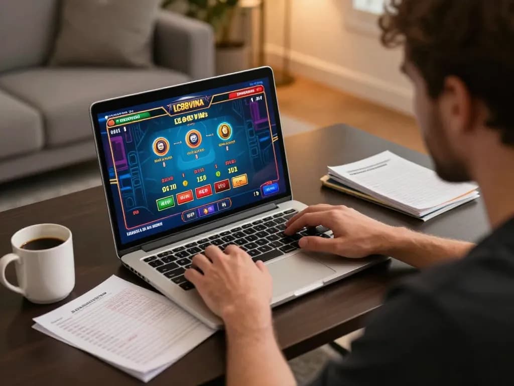 Player engaged with online casino games at home, featuring captivating interface and strategy notes, lc88vina experience.