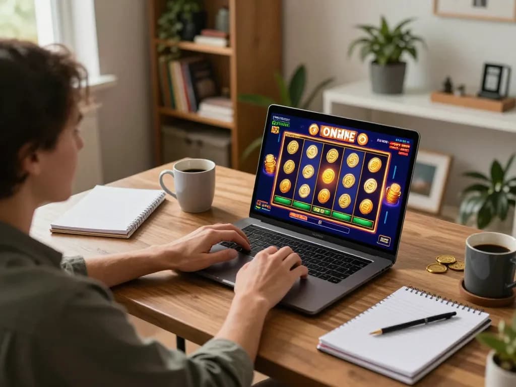 Engaging in online casino gameplay at https://5g28.com/ showcasing a colorful slot machine action in a cozy home