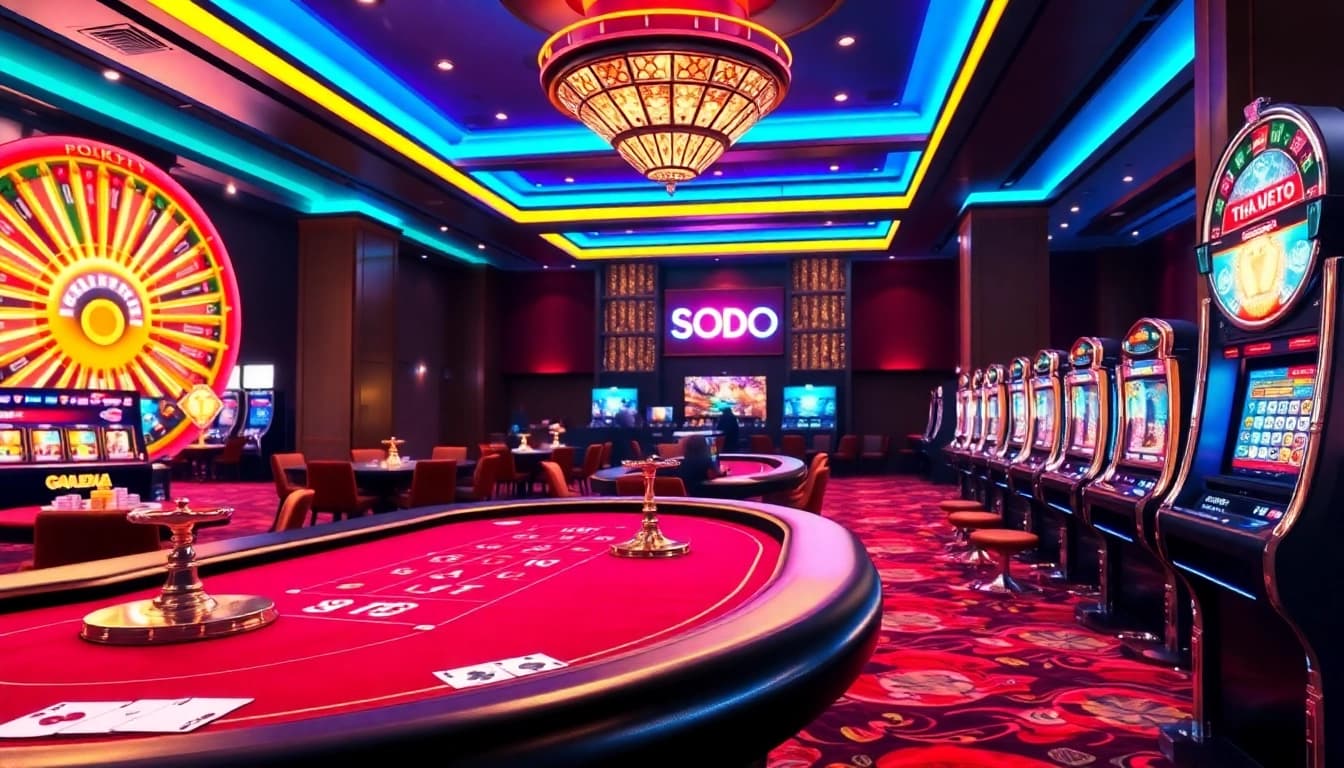 Engaging gameplay at SODO Casino with poker tables, roulette wheels, and vibrant slot machines.