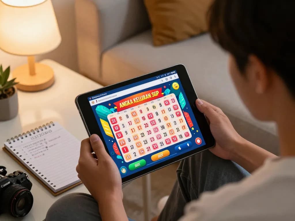 Viewing angka keluaran sgp on a tablet during an online lottery session for better predictions.