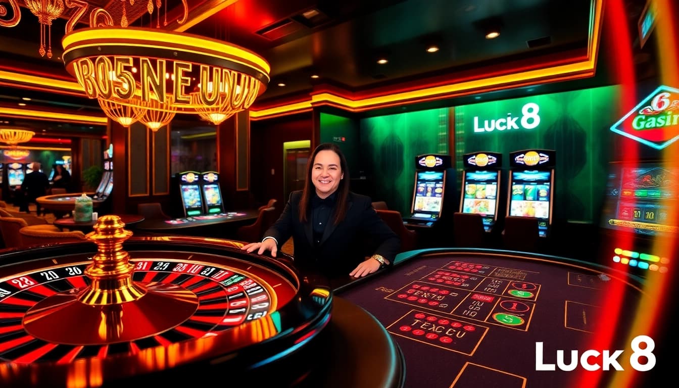 Experience the excitement of online gambling at Luck8 with vibrant casino graphics and engaging gameplay.