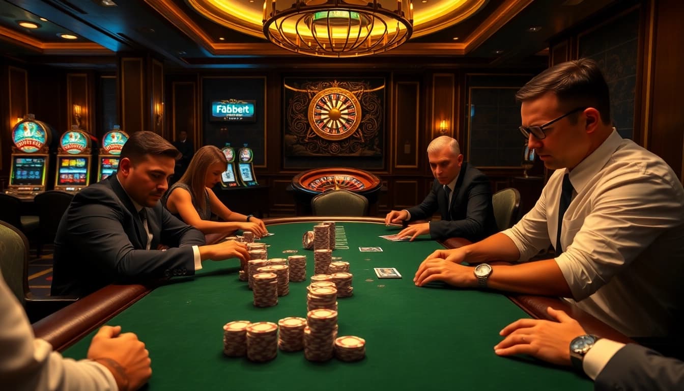 Players engage in a thrilling poker game at F8bet's luxurious casino table.