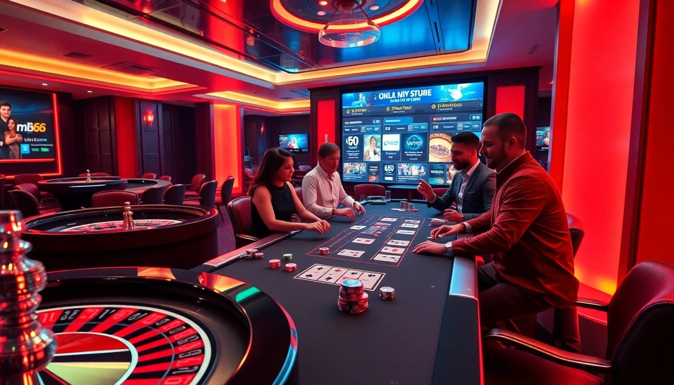 Experience the thrill of online gambling with MB66's luxurious casino environment featuring roulette and excited players.