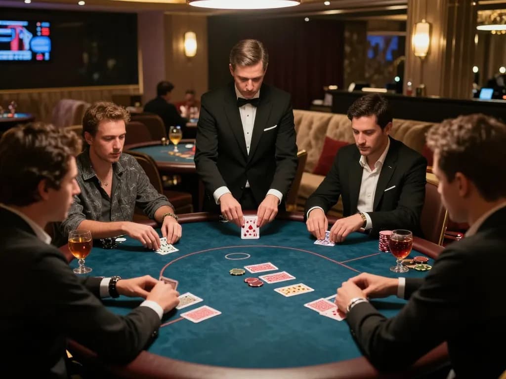 VIPwin players engaged in high-stakes poker game in an upscale casino.