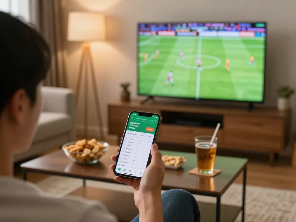 Engaging sports betting scene with kèo bóng đá displayed on smartphone during live football match.
