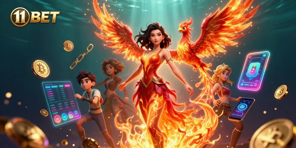 Bet and win with 11 BET at an interactive casino featuring a stunning Asia beauty with a phoenix and crypto elements