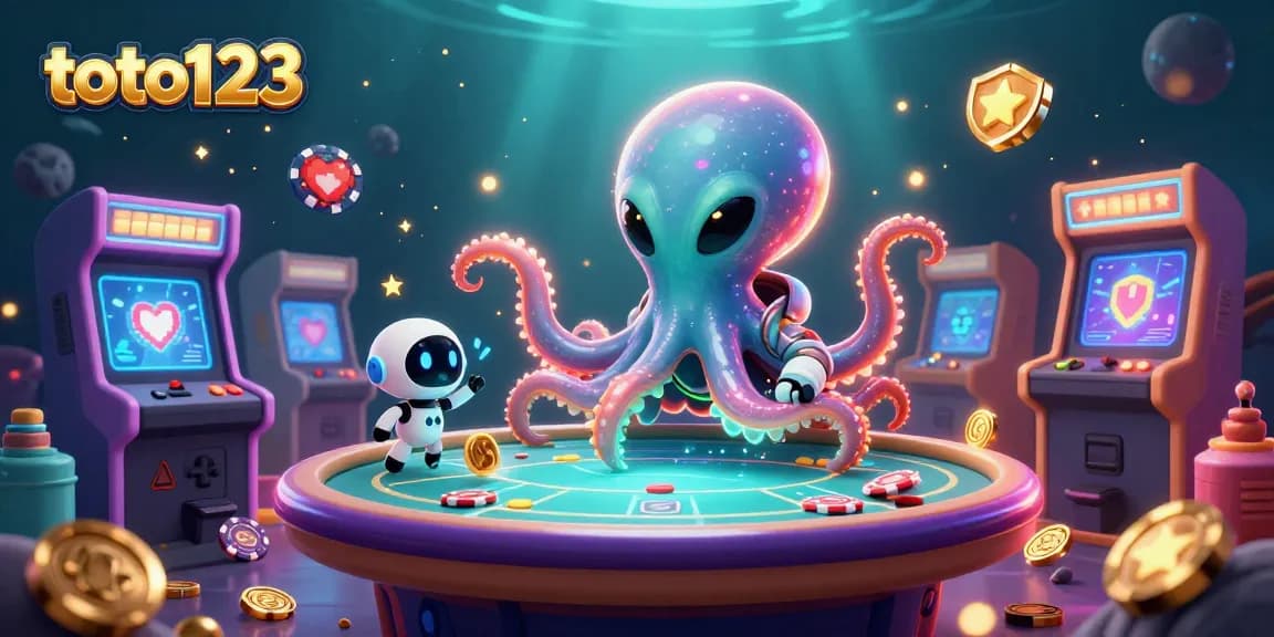 Engage with the thrilling world of toto123 as an alien octopus navigates a holographic poker table amid vibrant 3D gaming elements.