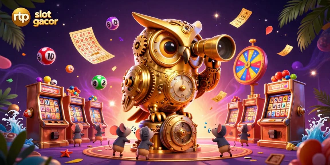 Experience thrilling rtp slot gacor action with a golden owl overseeing a rich casino scene.