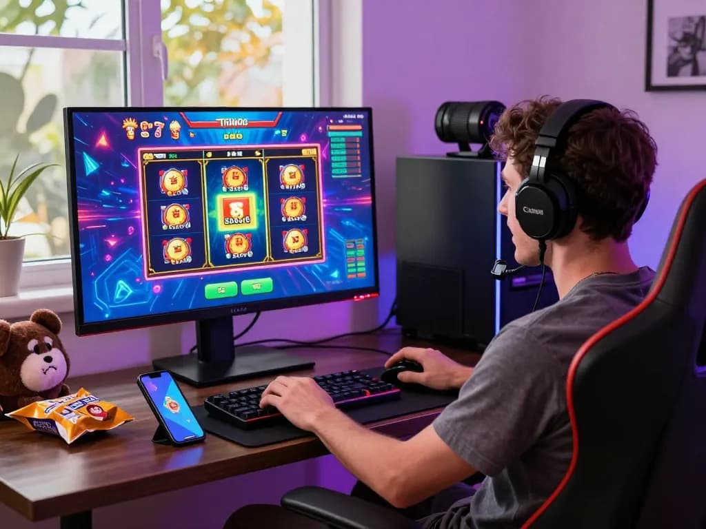 Pemain menikmati danamax777 daftar dengan permainan mesin slot yang cerah di rumah, pengaturan gaming yang bercahaya.