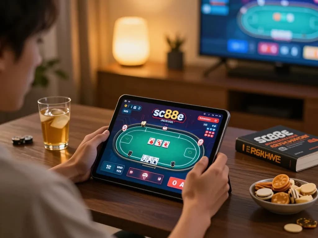 Player enjoying sc88e online poker game on tablet in cozy home setting with snacks