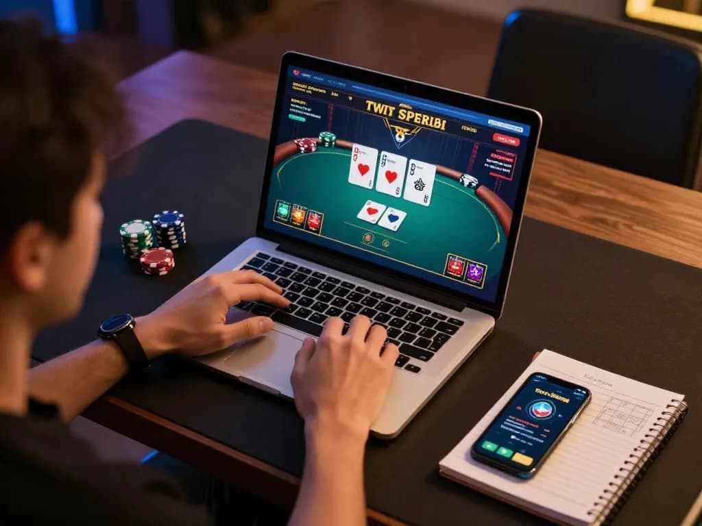 Engaging online poker gameplay at open88 with strategic focus, laptop displaying cards and chips.