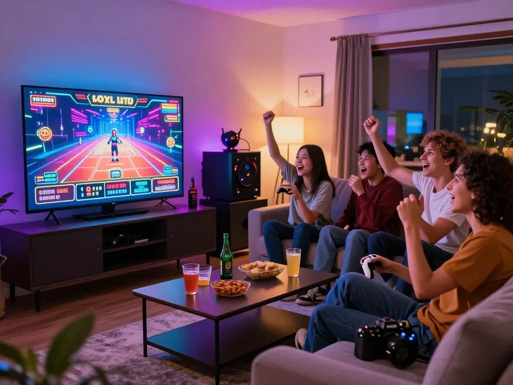 Friends enjoying an exciting gaming session on tot88 platform, surrounded by snacks and vibrant LED lights.